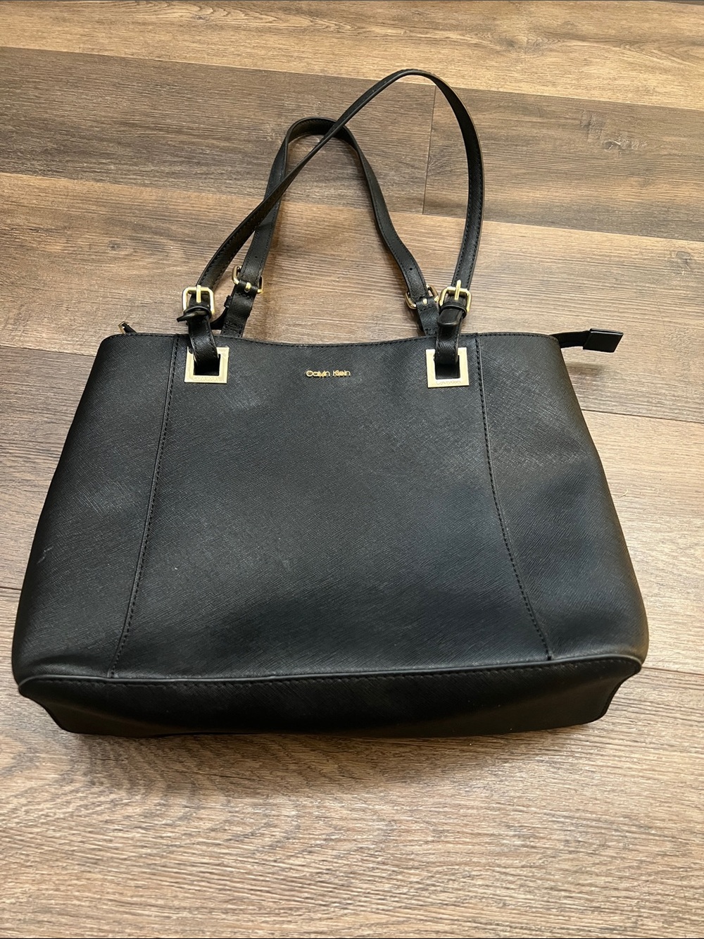 Calvin Klein Black Leather Tote with Gold Hardware